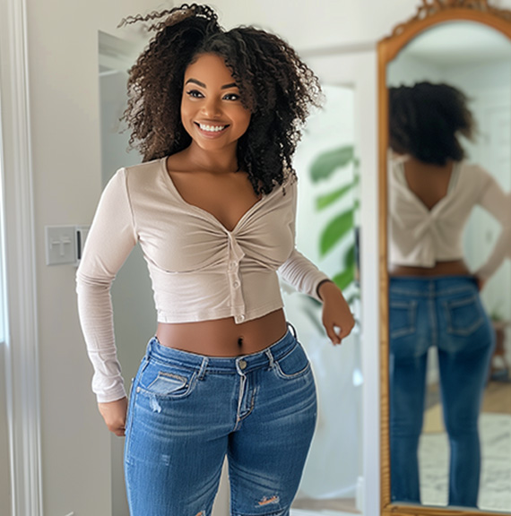 Woman with curly hair, wearing a cream cropped top and blue jeans, smiles confidently against a mirror reflection. Bright, casual, and relaxed mood.